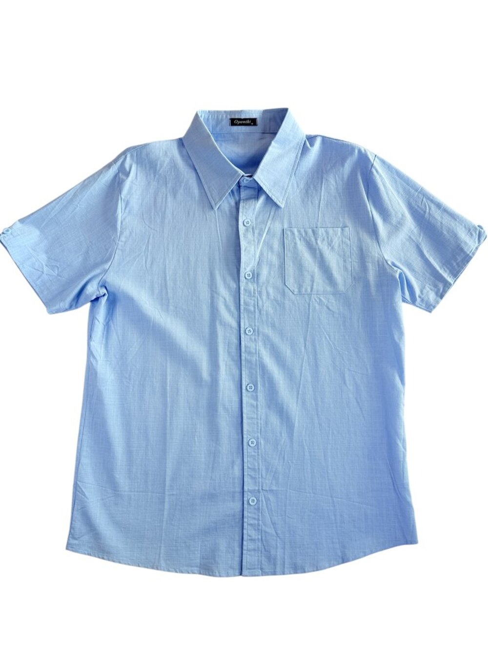 Oyamiki Mens Linen Look Light Blue Short Sleeve Button Down Shirt Casual Med